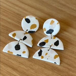 White Speckled Polymer Clay Drop Earrings with Mustard & Black Splatter